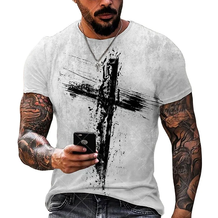 Men's Cross Graphic Short-sleeved Retro T-shirts at Hiphopee