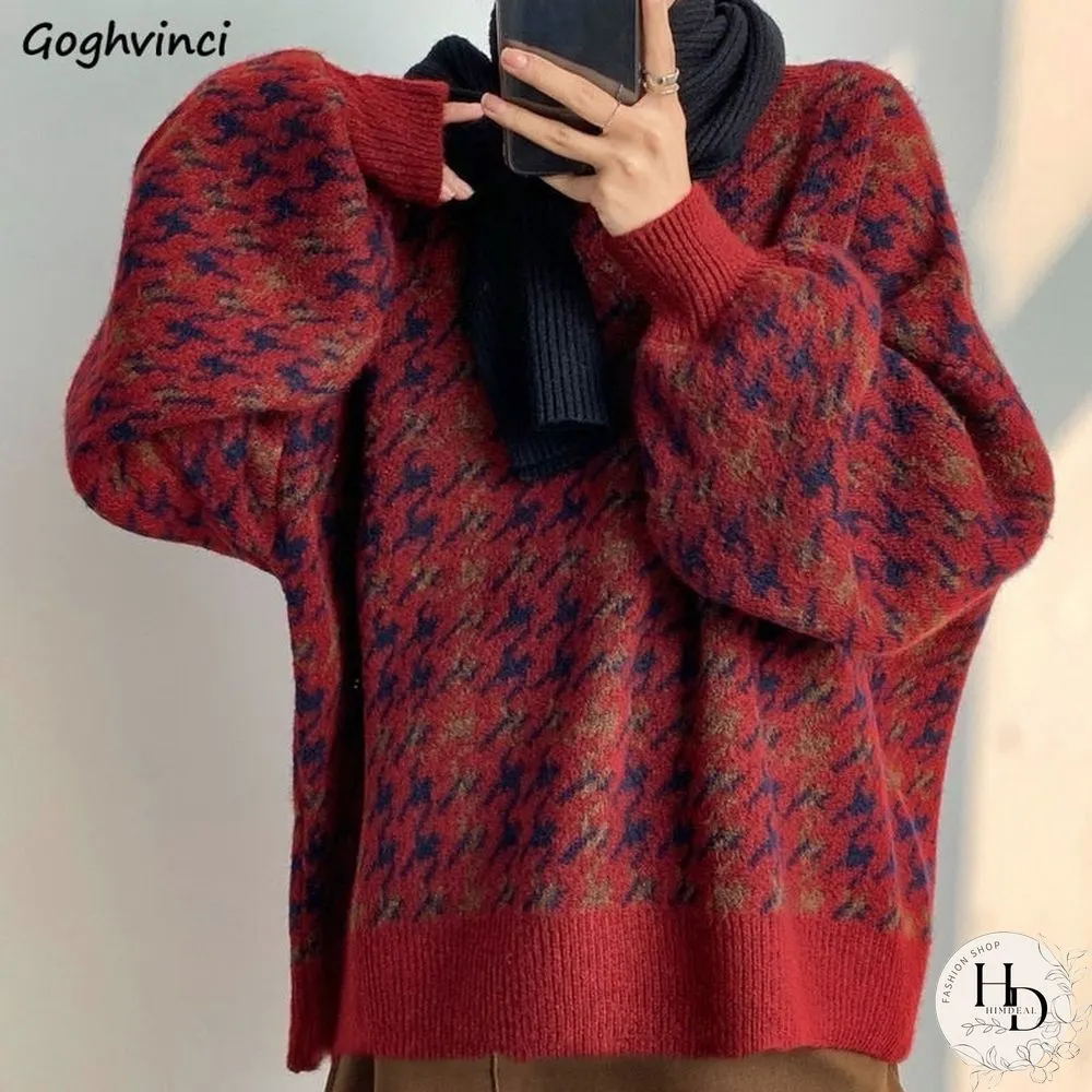 Womens Pullover Patchwork Loose Lantern Sleeve Simple Knitted Sweater-Female Elegant