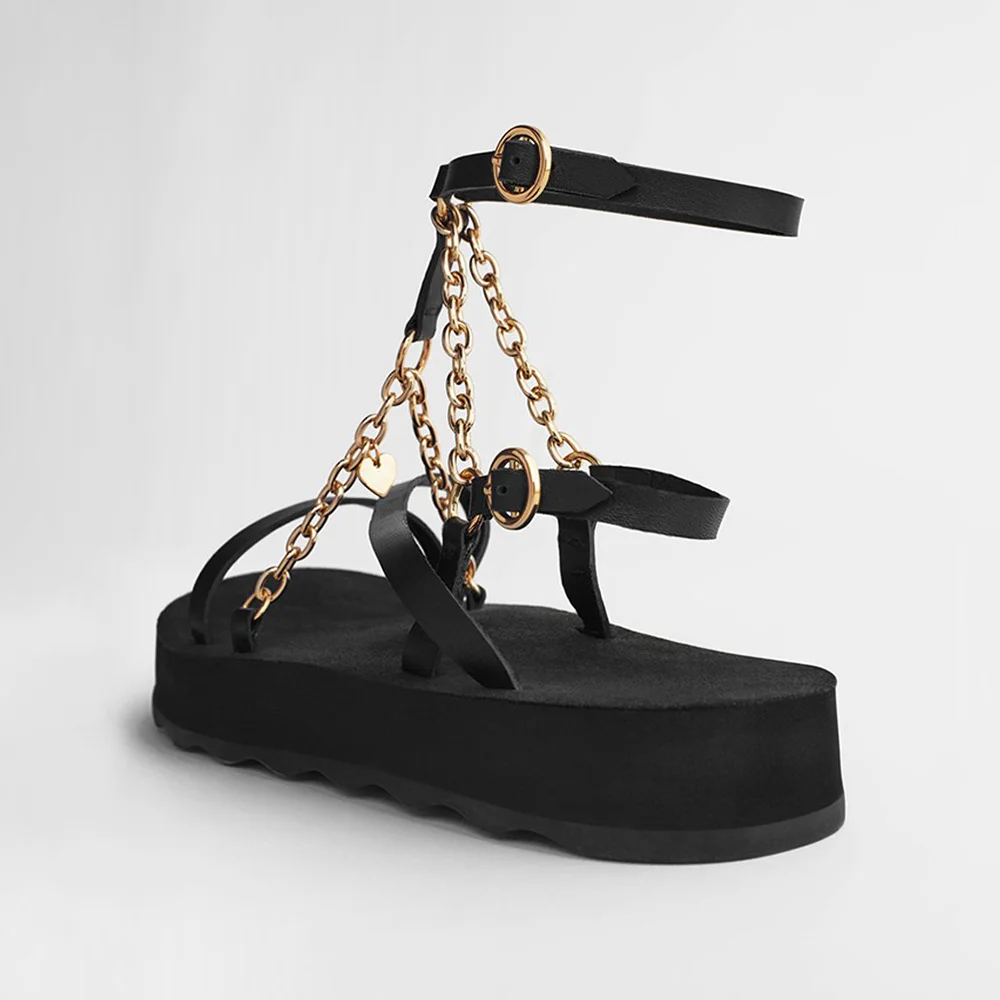 Stylish Open-Toe Chain Strappy Wedge Heel Black Platform Sandals