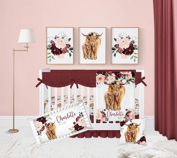 Personalized Highland Cow Girl Crib Bedding Set|Bed52