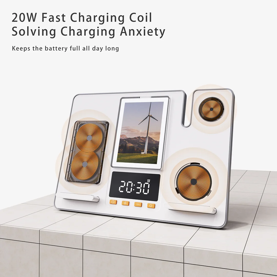 Factory OEM Desktop Wireless Charger 15W 5 IN 1 Wireless Charging Alarm Clock Night Light Charger For Business Gifts And Office