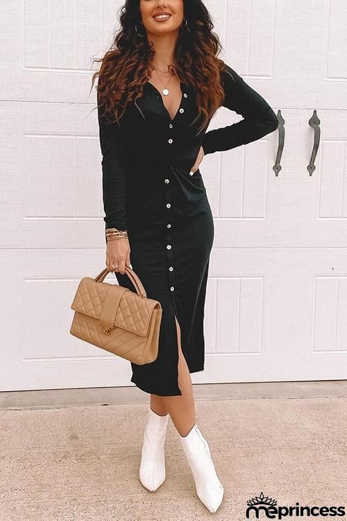 Button Twist Waist Long Sleeve Dress