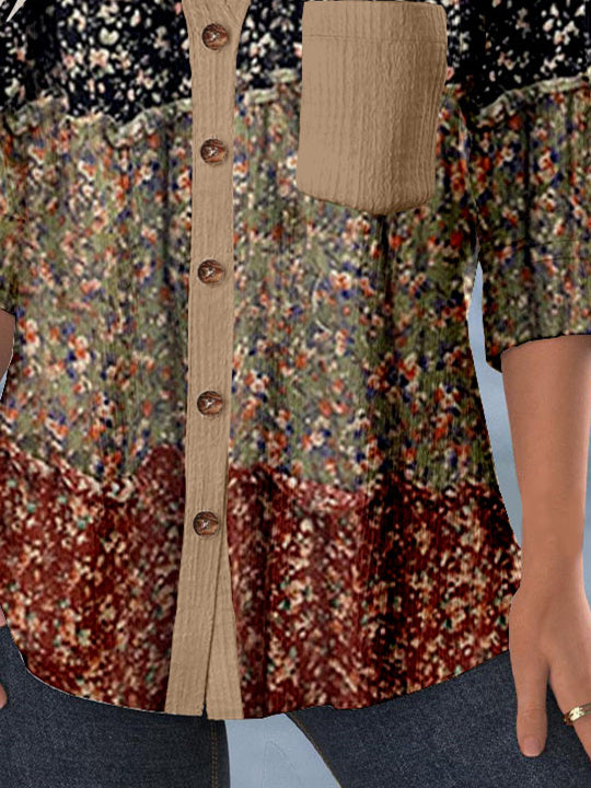 Women Long Sleeve Shirt Collar Floral Printed Graphic Lace Button Pockets Tops