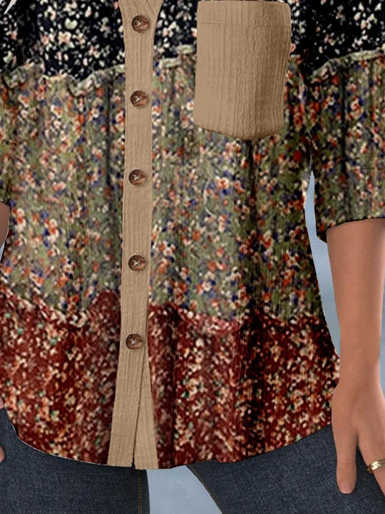 Women Long Sleeve Shirt Collar Floral Printed Graphic Lace Button Pockets Tops