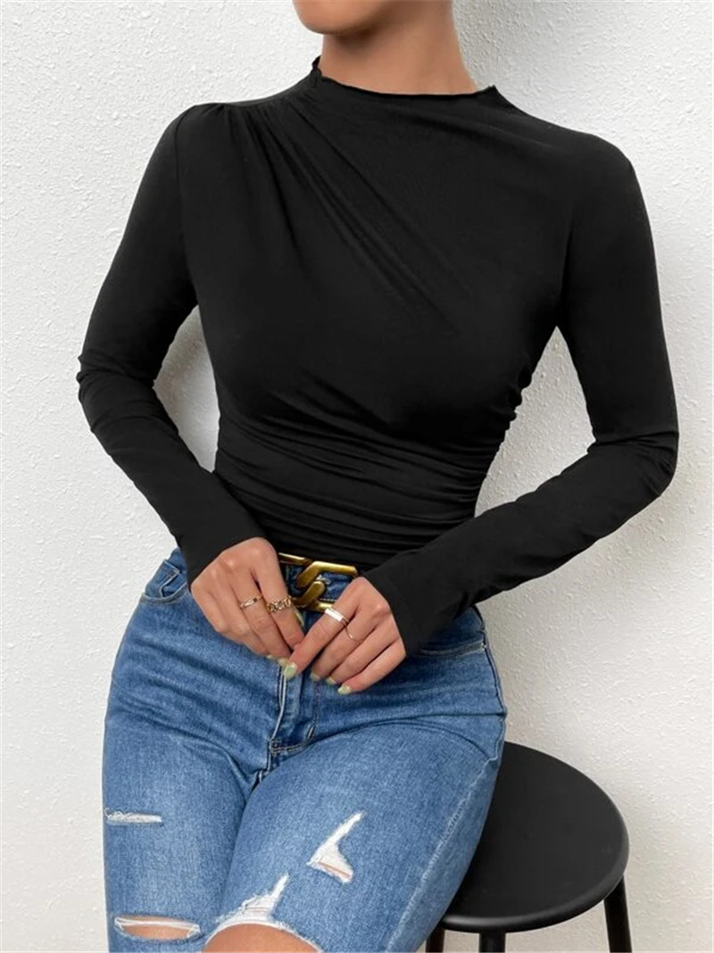 Ootddress Solid Casual Pleated T-shirt For Women Patchwork Long Sleeve High Waist Inner Ruffled Crop top Ladies Vintage Y2k Top Tee