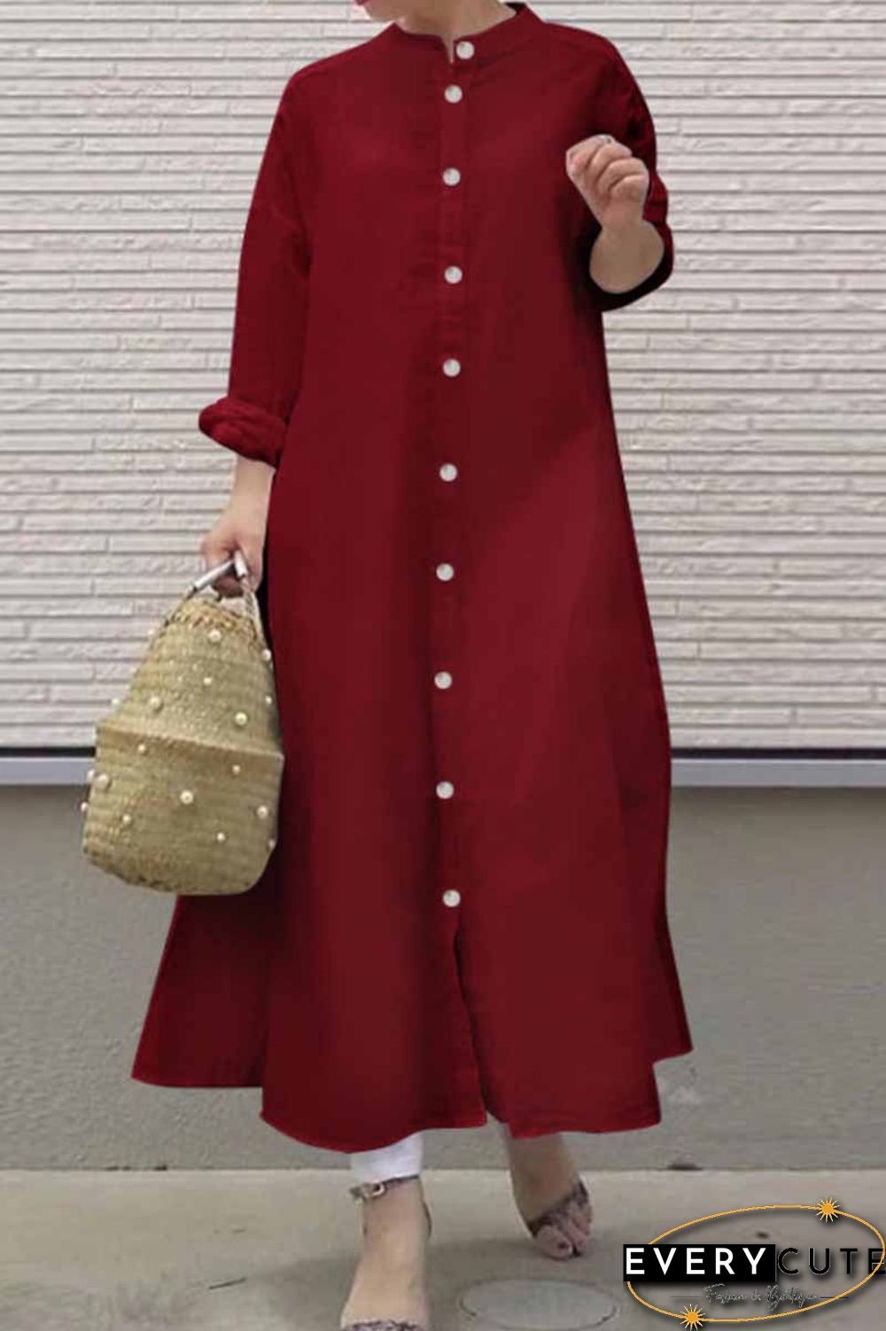 Street Solid Mandarin Collar Shirt Dress Dresses