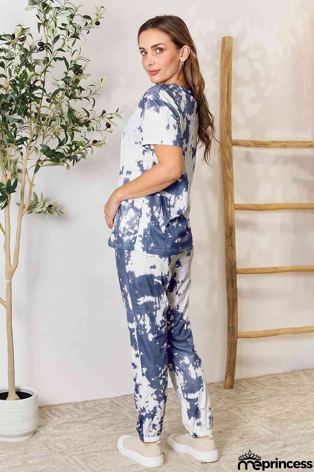 Double Take Tie-Dye Tee and Drawstring Waist Joggers Lounge Set