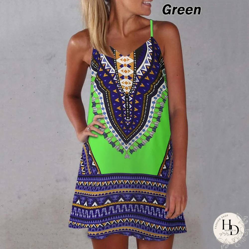 New Summer Fashion Womne's Spaghetti Strap Dress Sleeveless Sling Summer Dresses Floral Printed Above Knee Length Spaghetti Strap Dresses