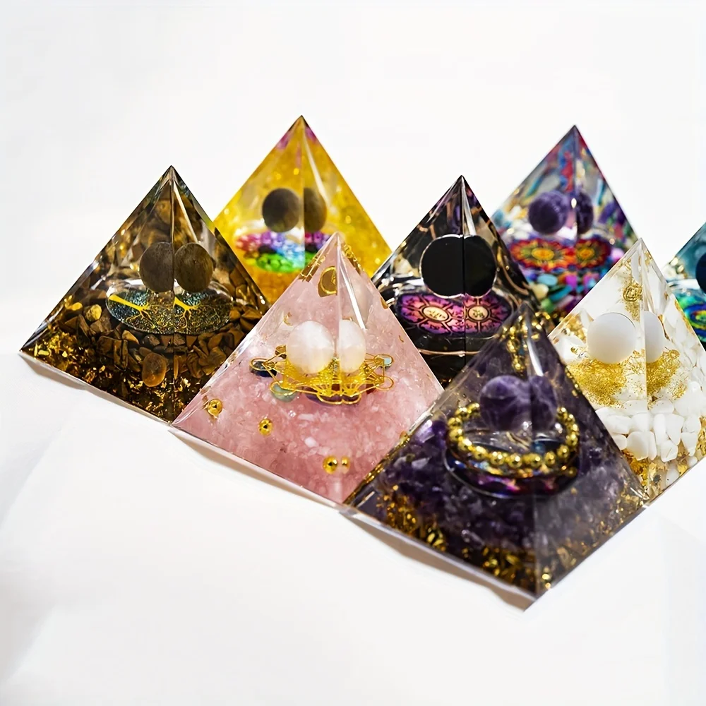 7pcs/set AierCrystal Orgone Crystal Pyramid Natural Crystal Energy Generator Pyramid Peridot Amethyst Reiki Chakra Resin Pyramid Meditation Tool Room Decor