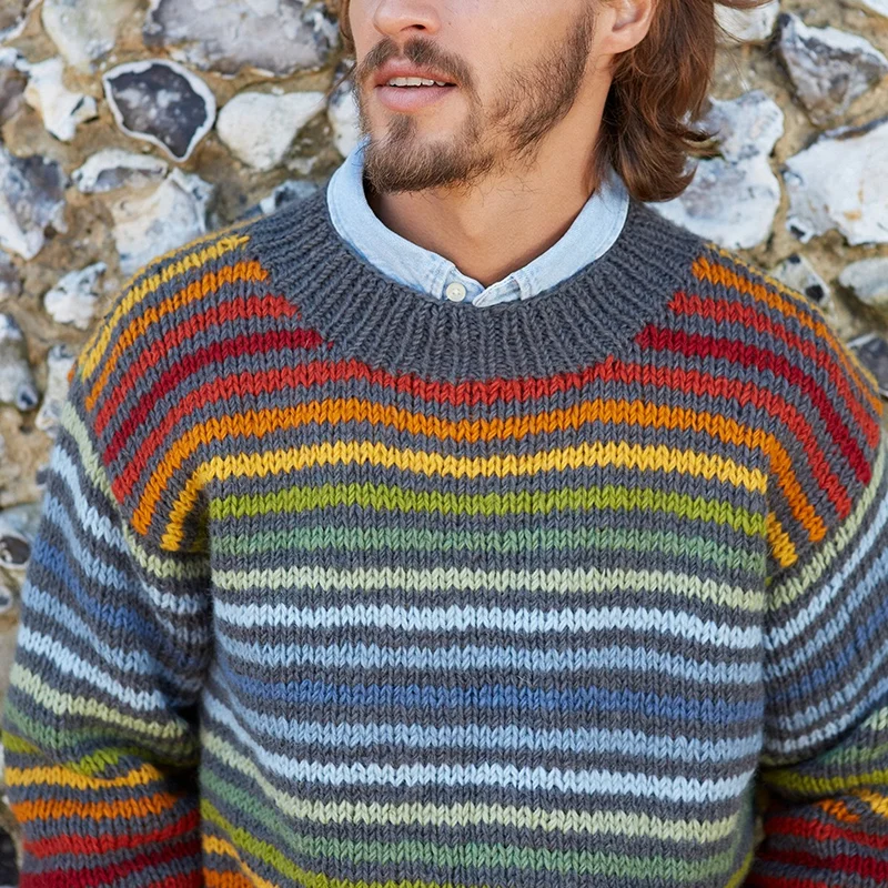 Vintage Rainbow Stripe Knit Jacquard Crew Neck Sweater（Unisex）