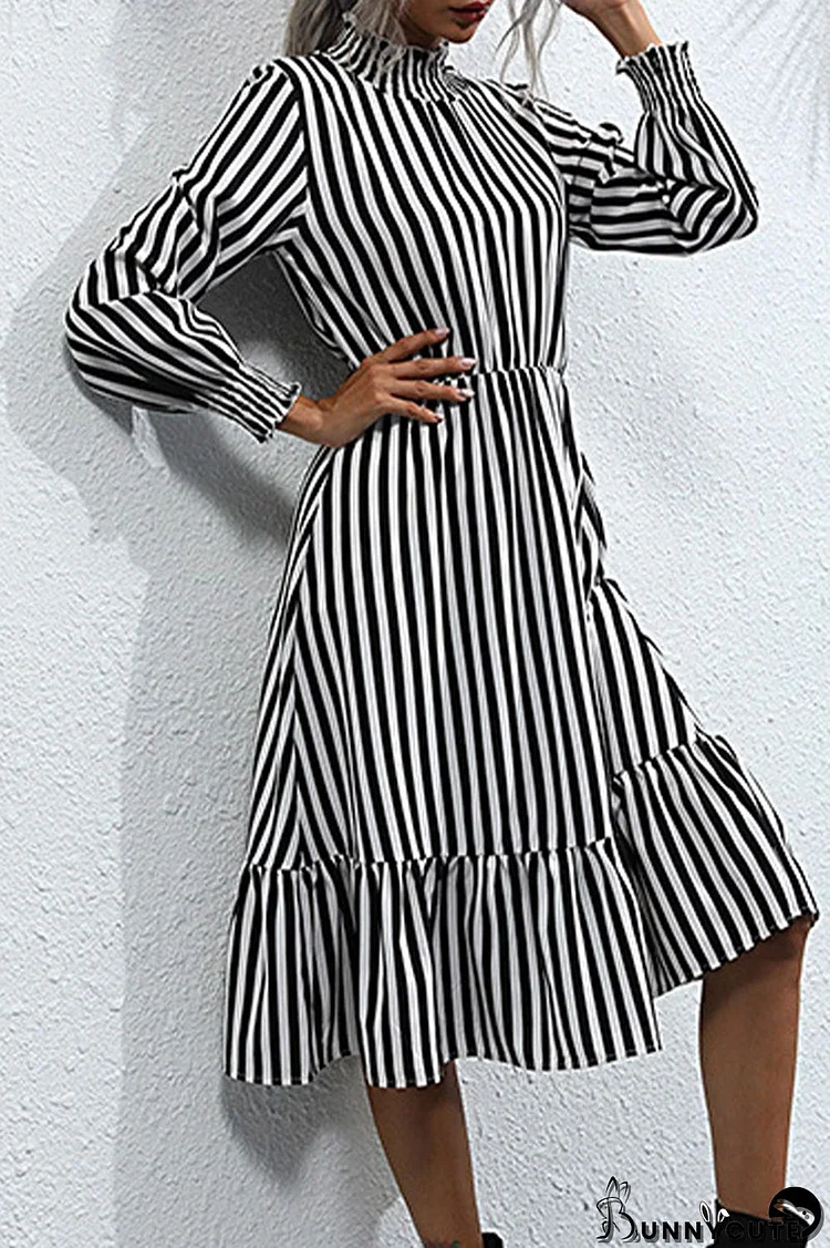 Sweet Elegant Striped Printing Stringy Selvedge Turtleneck A Line Dresses(4 Colors)