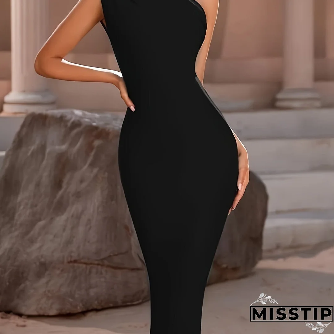 Solid One Shoulder Split Dress, Elegant Sleeveless Bodycon Dress For Party & Banquet, Women's Clothing