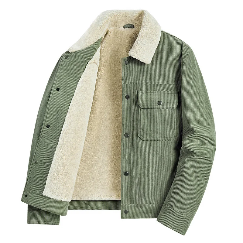 Men's Corduroy Coat Casual Polo Collar Warm Fleece Cotton Coat