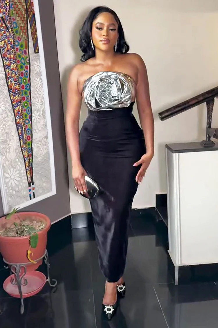 Metallic Rosette Patchwork Bodycon Party Maxi Tube Dresses-Black [Pre Order]