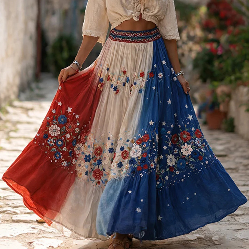  Women's Independence Day Floral Print Linen Skirt Westsshops