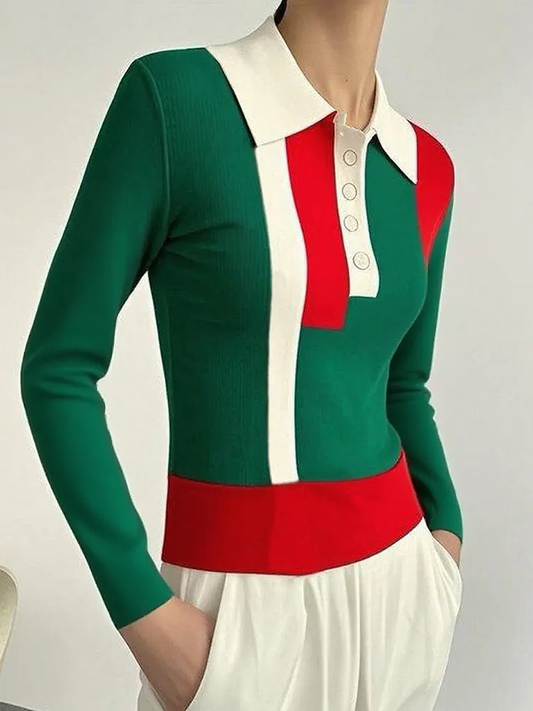 Buttoned Contrast Color Long Sleeves Skinny Lapel Sweater Tops