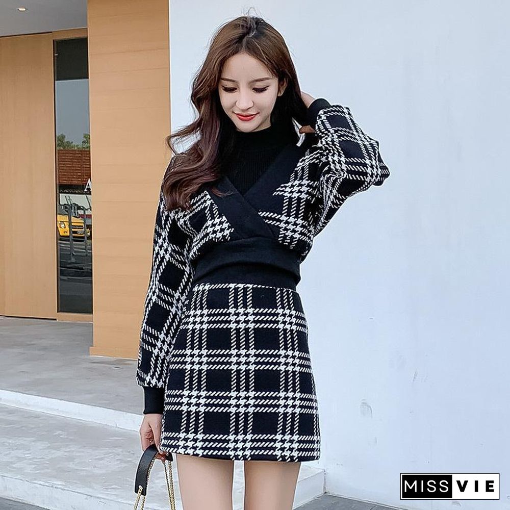 Fashion V-neck Plaid Two-Piece Set P11755