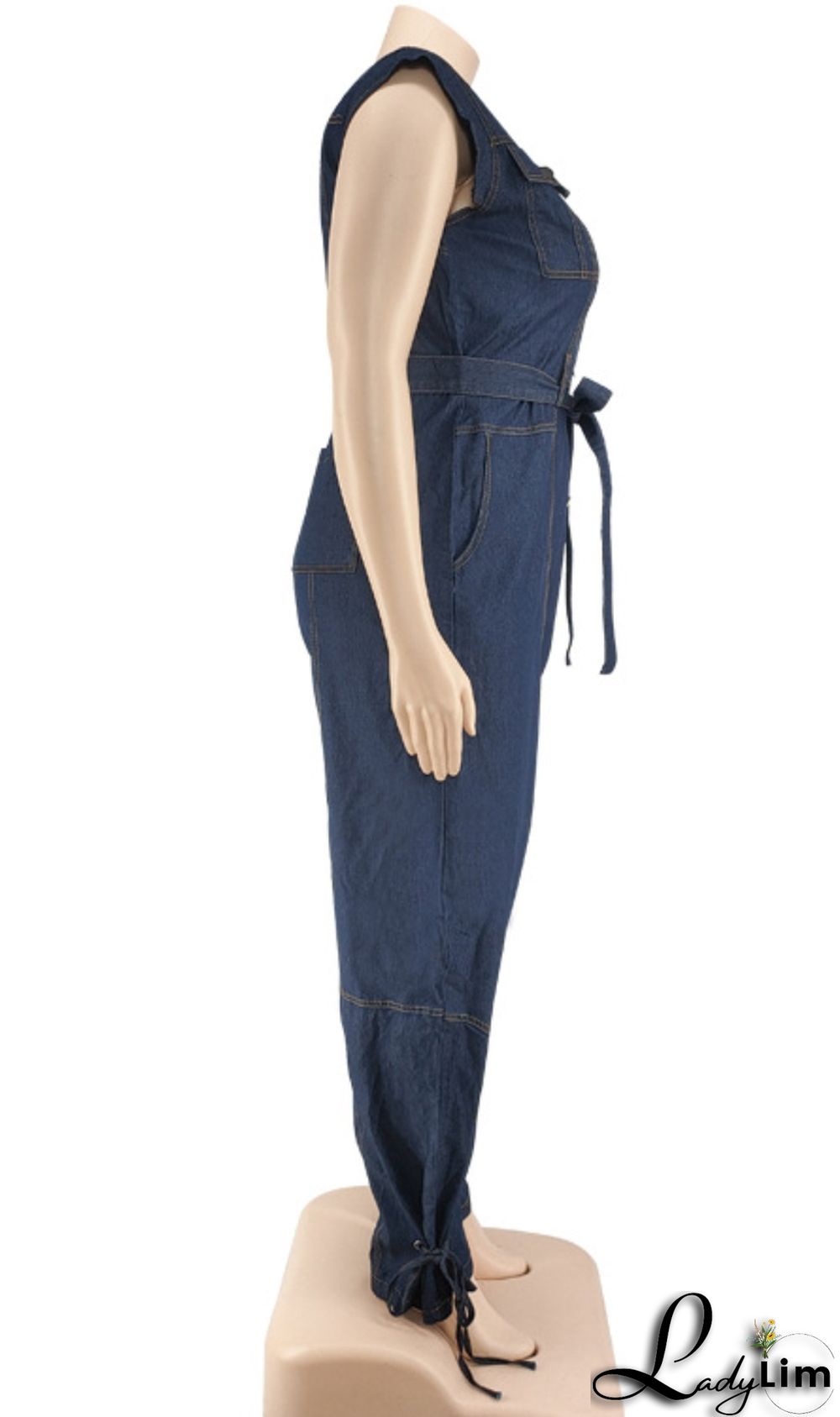 Summer Plus Size Sleeveless Denim Jumpsuit with Belt
