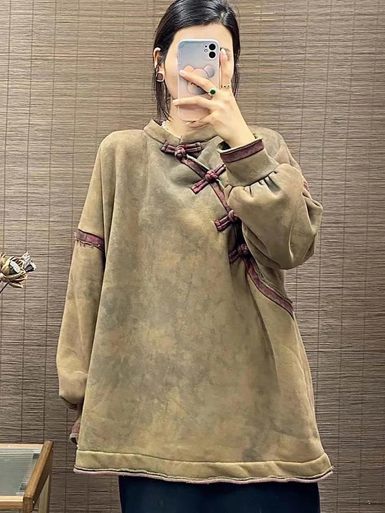 Women Vintage Chinese Button Worn Solid Thick Sweatshirt