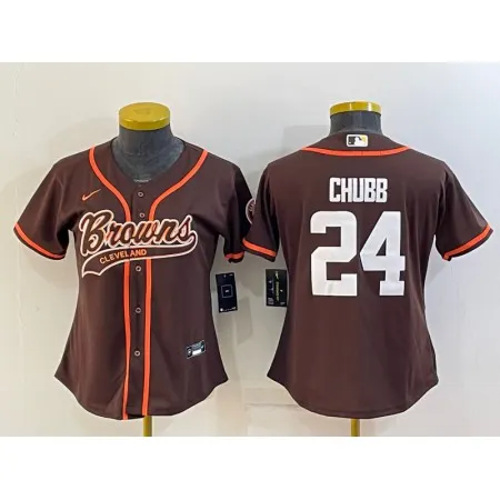 Youth Cleveland Browns #24 Nick Chubb Brown With Patch Cool Base Stitched Baseball Jersey