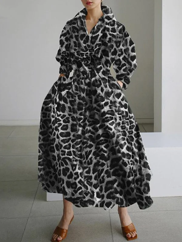 High-Waisted Leopard Lapel Maxi Dress with Buttoned Long Sleeves