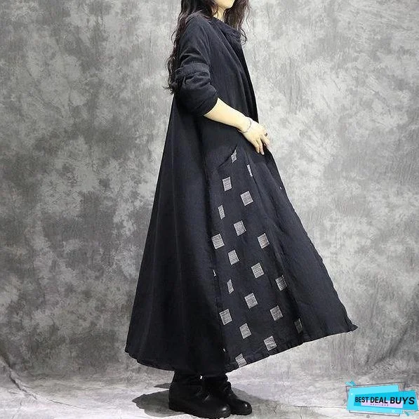 Women Cotton Linen Trench Vintage Autumn Coats Patchwork Clothing Black Trench Coats