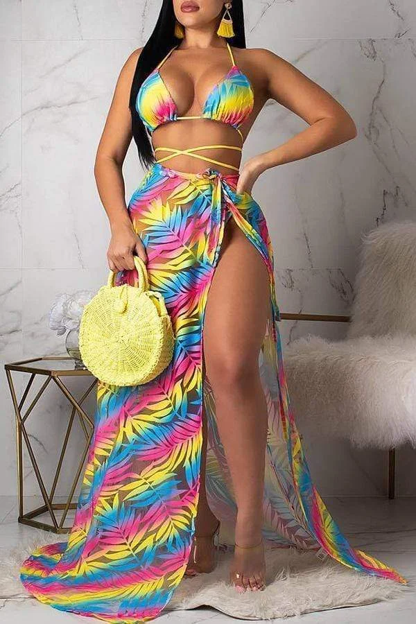 Sexy Lace-up Printed Two-piece Swimwear(With Cover-up)