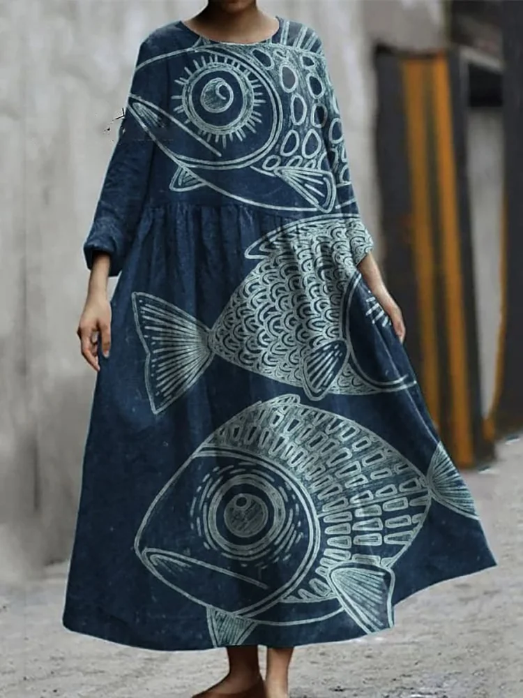 Line Drawing Fish Decorative Pattern Pocket Cotton Dress