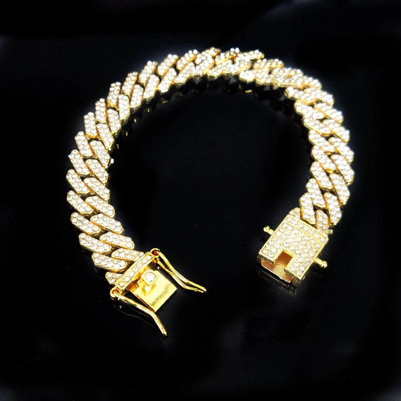 New 12mm Bar-shaped Men’s Cuban Chain Necklace Gold-plated Full Diamond Alloy Hip Hop Style Chain