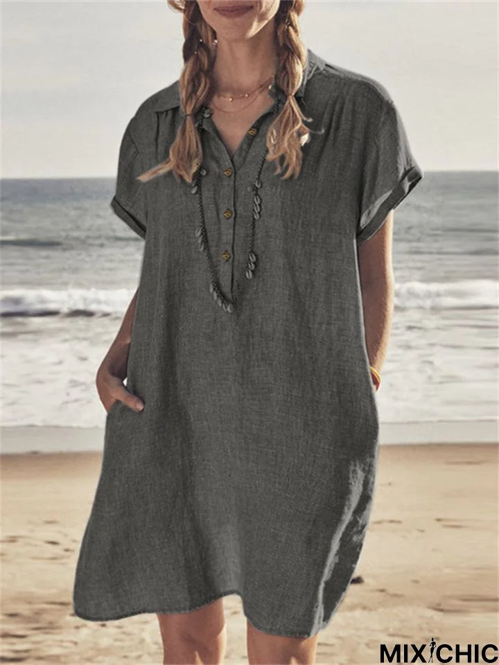 Cotton Linen Shirt Dress Pocket Dress Beach Casual Skirt