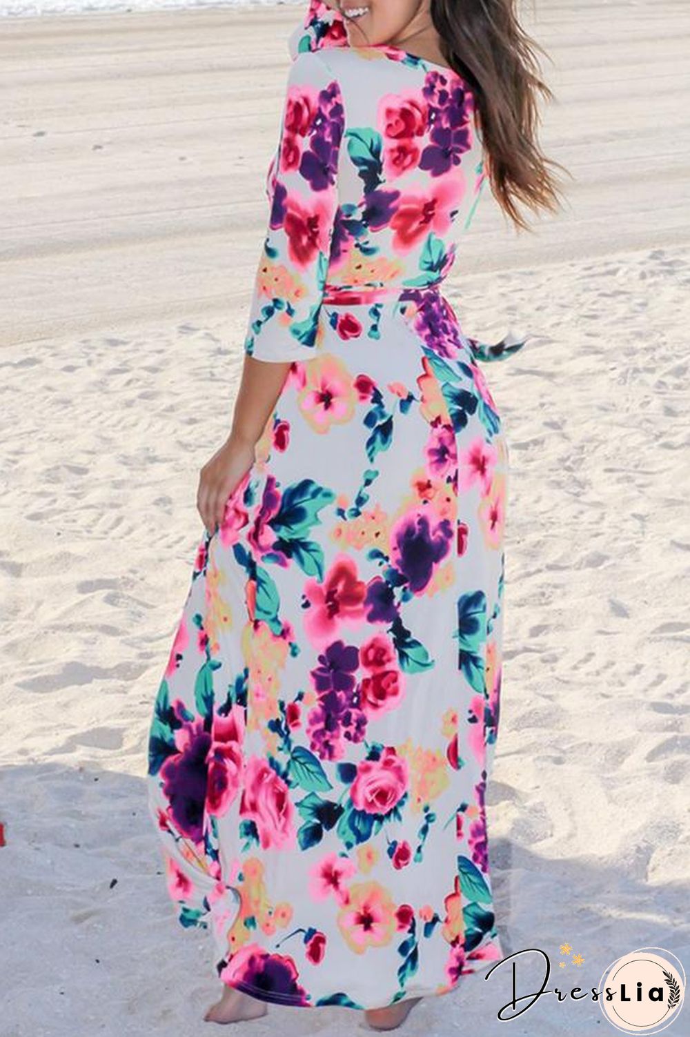 Mixed Color Flower Printed V Neck Maxi Dress