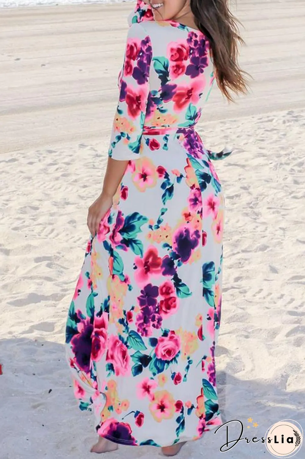 Mixed Color Flower Printed V Neck Maxi Dress