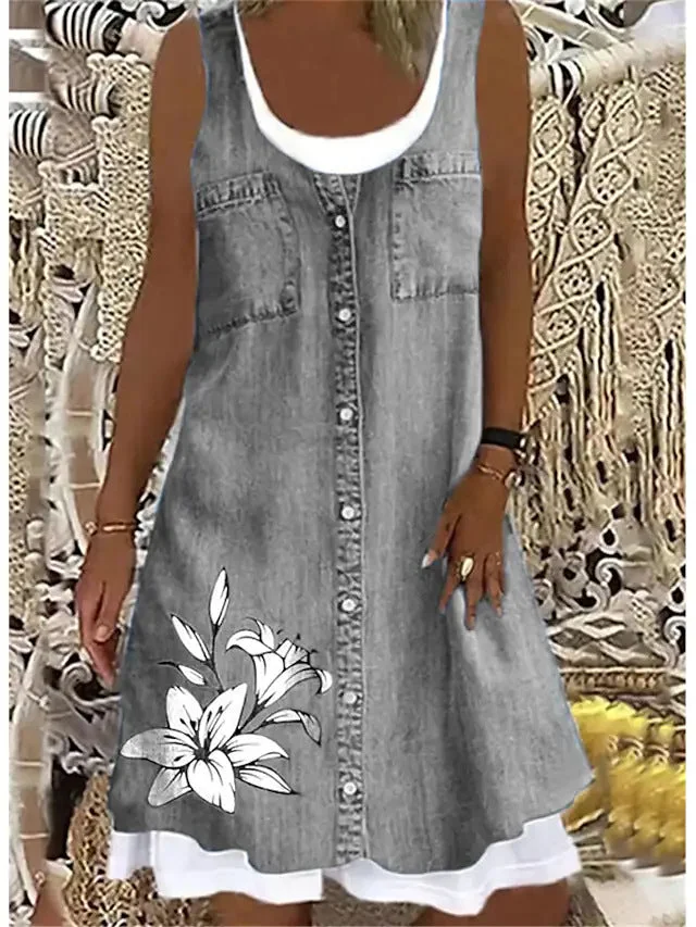 Uveng Sleeveless Stitching Printing Casual Dress Dresses