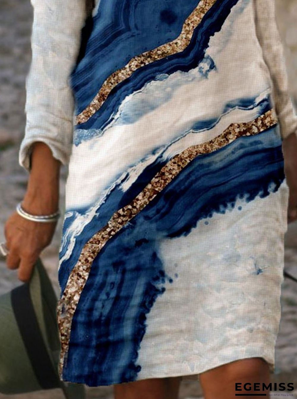 Colorblock Printed Long Sleeve Casual V-neck Shift Dress | EGEMISS