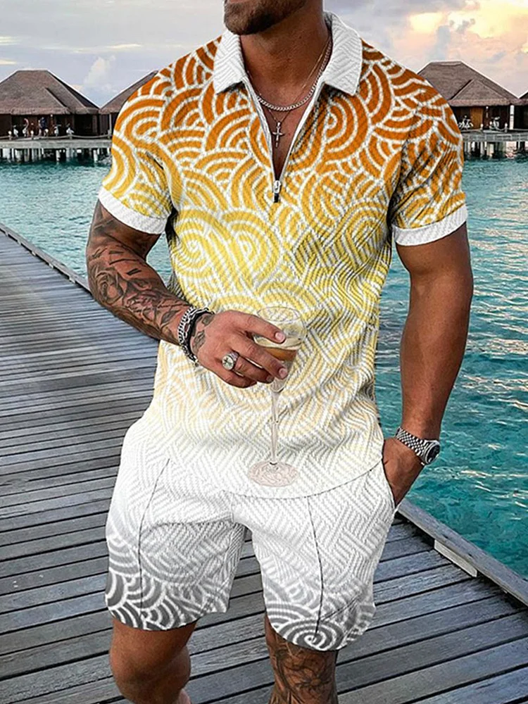 Men's Yellow Gradient Printing Polo Suit