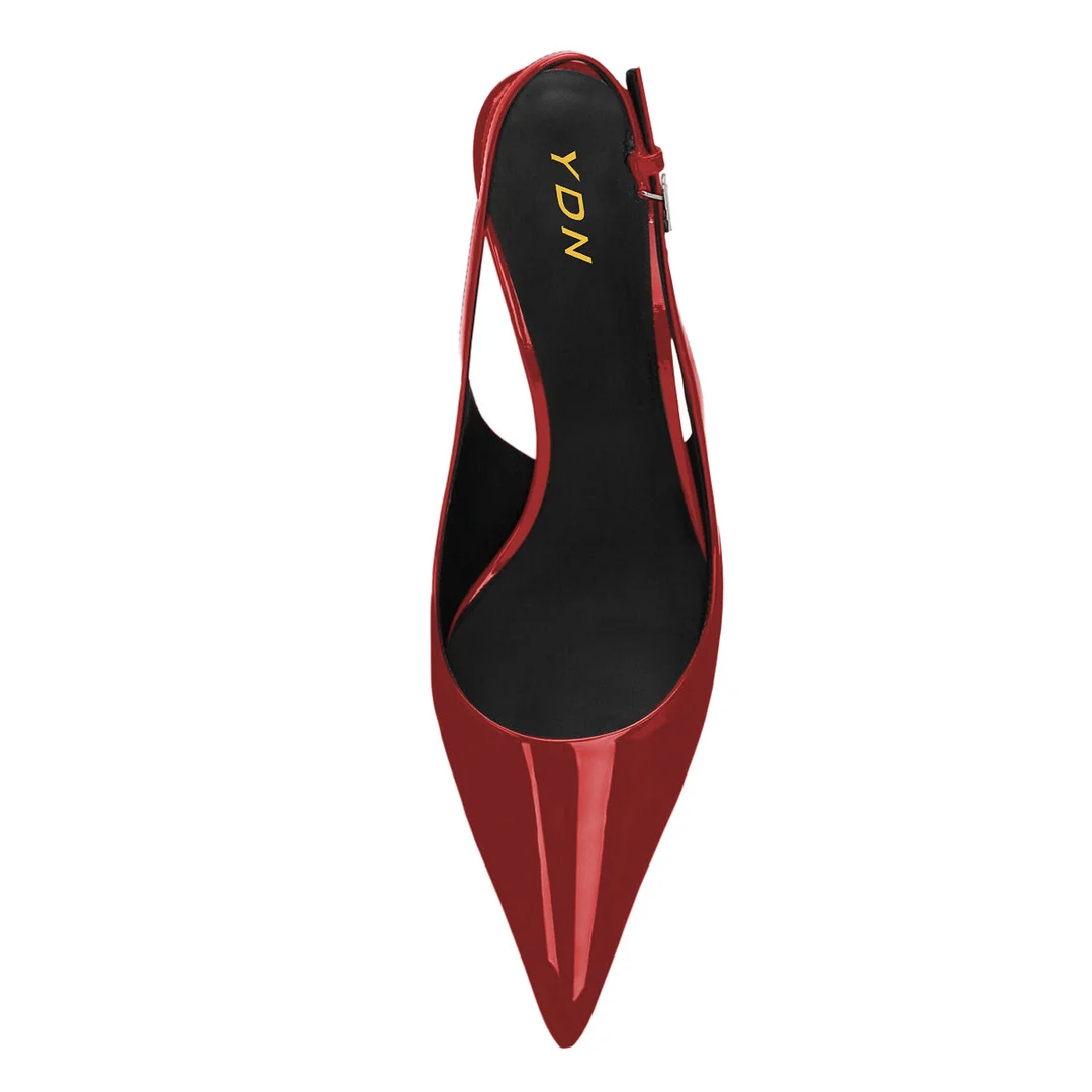 Red Patent Leather Pointed Toe Rhinestone Decor Slingback Heels