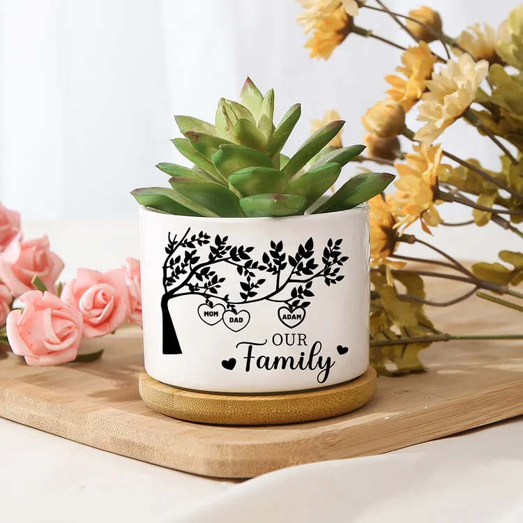 Personalized 3 Names & 1 Text Family Tree Flowerpot Custom Ceramic Flowerpot with Wooden Base Gift for Mother/Grandma