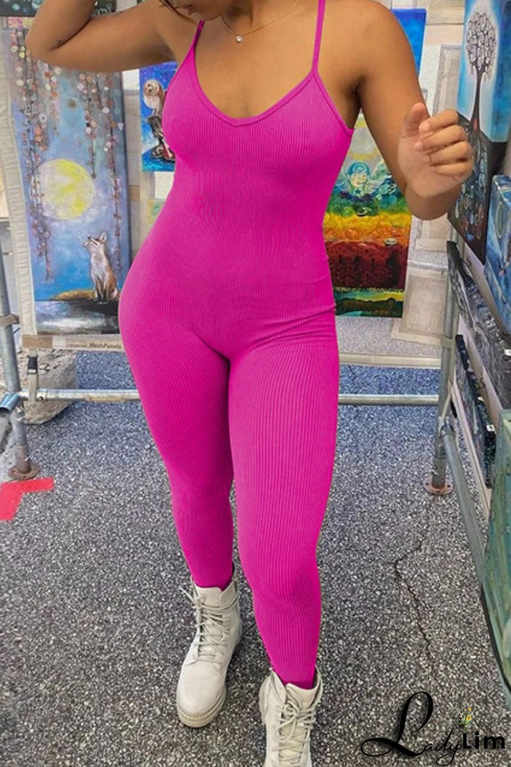 Grey Sexy Casual Sportswear Solid Backless Spaghetti Strap Skinny Jumpsuits