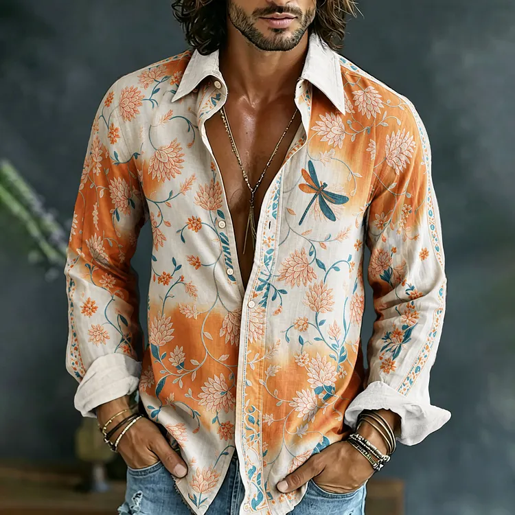 Men's Vintage Floral Embroidered Art Print Flowy Linen Blend Casual Shirt