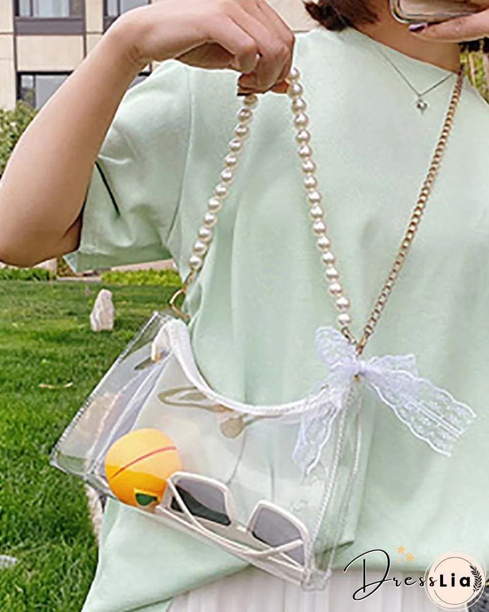 Clear Beaded Strap Bow Decor Satchel Bag