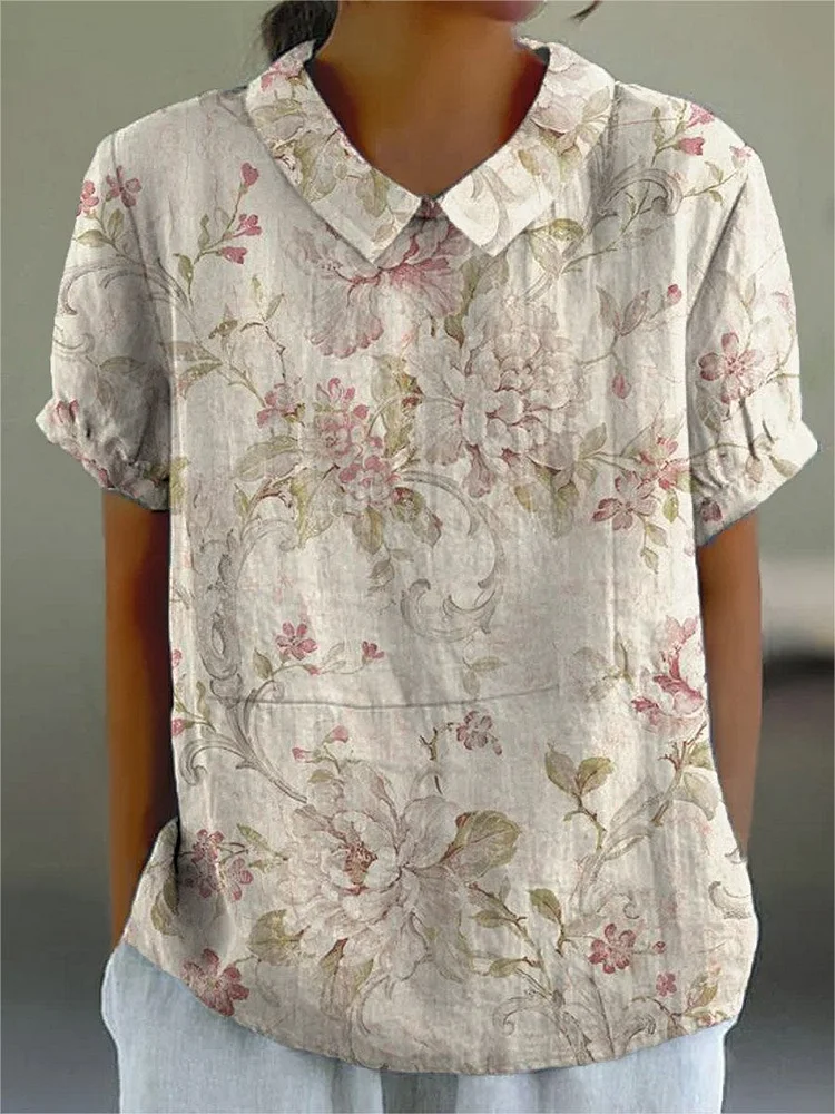 Women's Retro Floral Art Print Casual Cotton And Linen Shirt