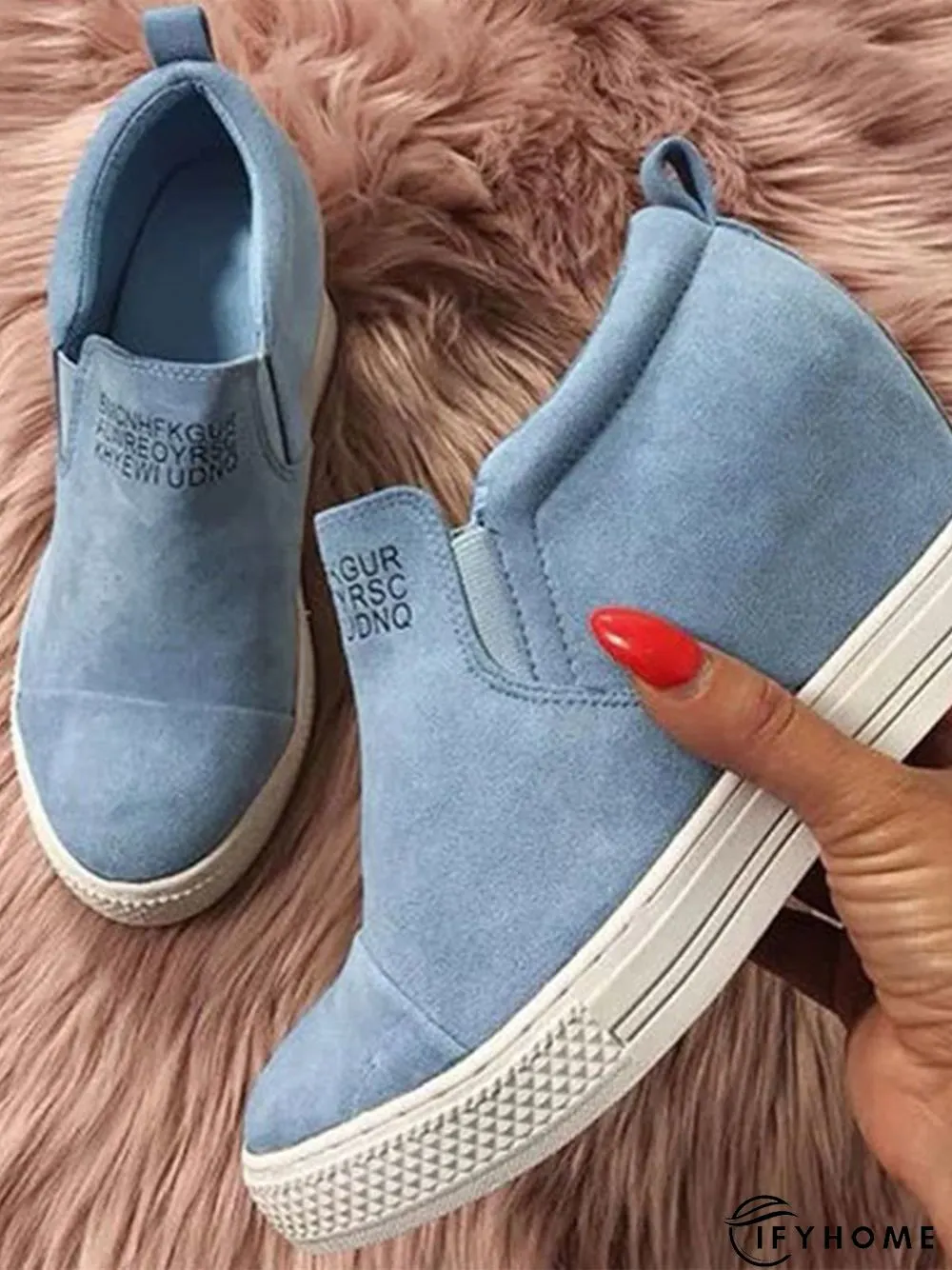 Letter Stitching Inner Heightening Round Toe Wedges | IFYHOME