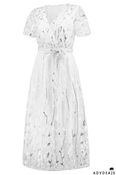 Sequin Leaf Embroidery Tie Front Short Sleeve Dress