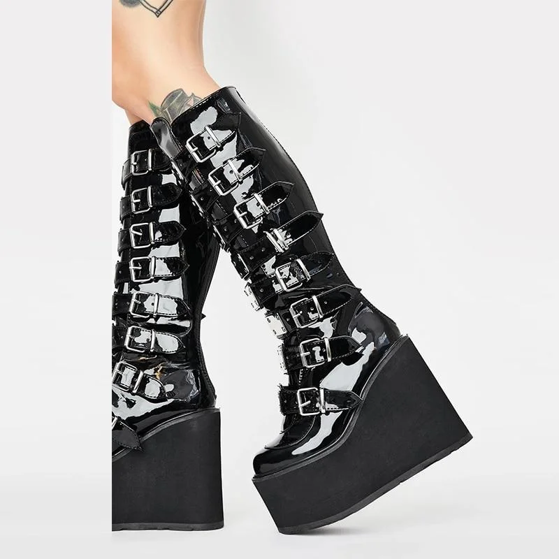 Leather Women Mid-Calf Boots Gothic Style Cool Punk Motorcycles Females Boot Platform Wedges High Heels Calf Boots Women's Shoes 1110