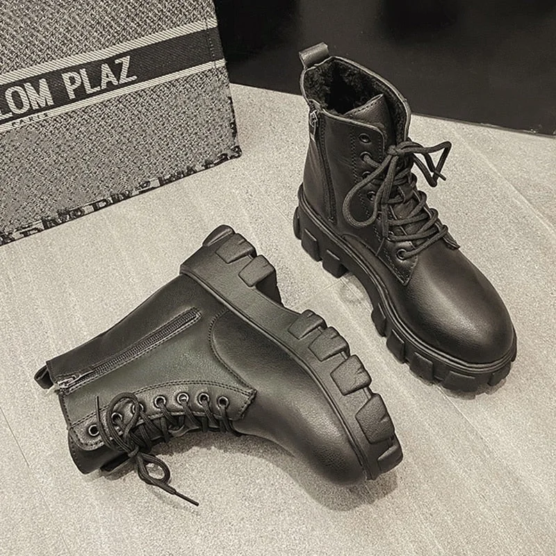 Women's White Ankle Boots 2021 Ladies Chunky Winter Boot Female Shoes Black Platform Combat Boots Fur Plush Designer Punk Gothic