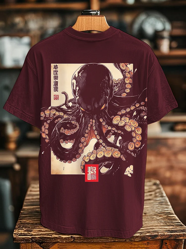 Men's Dark Octopus Japanese Art Back Print Cotton Casual T-Shirt