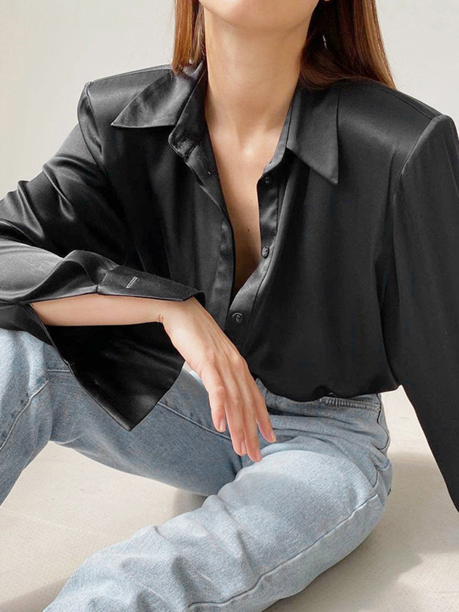Solid Color Turndown Collar Long Sleeve Blouses