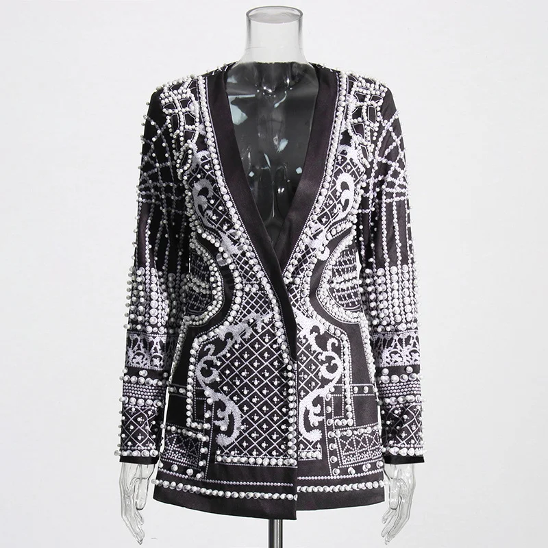 Zingj French Sexy Style Small Suit 2025 Summer Fashion Style Long-Sleeved Print Nails High-Sensing Retro Blazer Woman