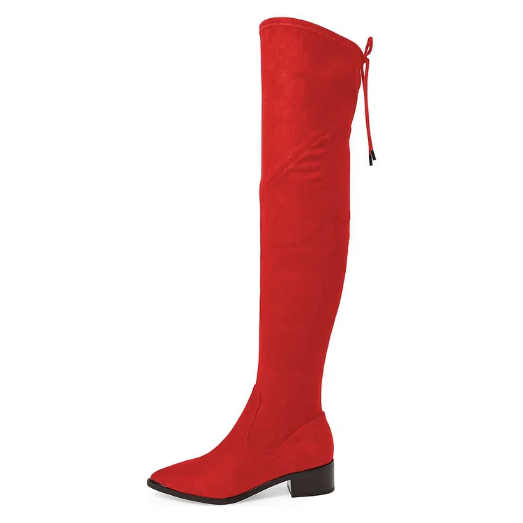 Women's Red Suede Chunky Heel Boots Pointy Toe Thigh-high Boots |FSJ Shoes