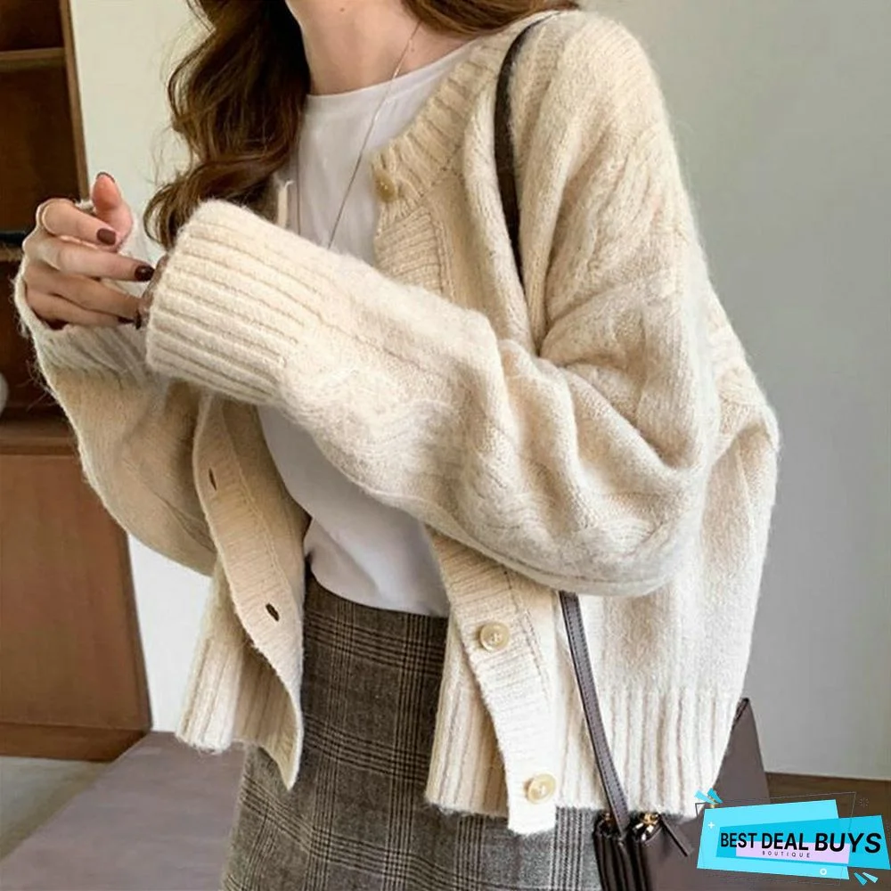 Coarse Needle Twisted Single-Breasted Knitted Retro Cardigan Sweater